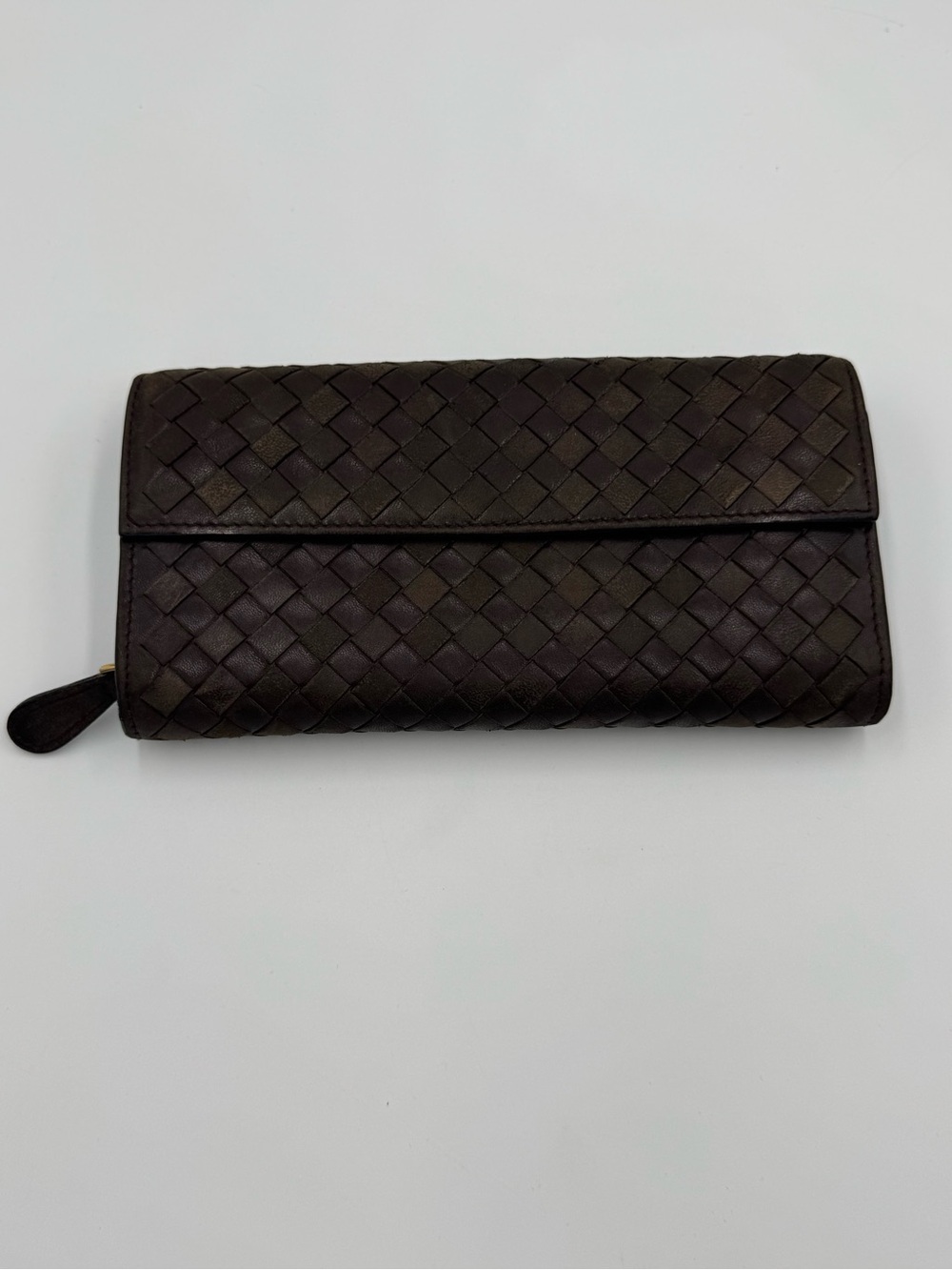 Bottega Veneta Woven Leather Continental Wallet in Dark Brown